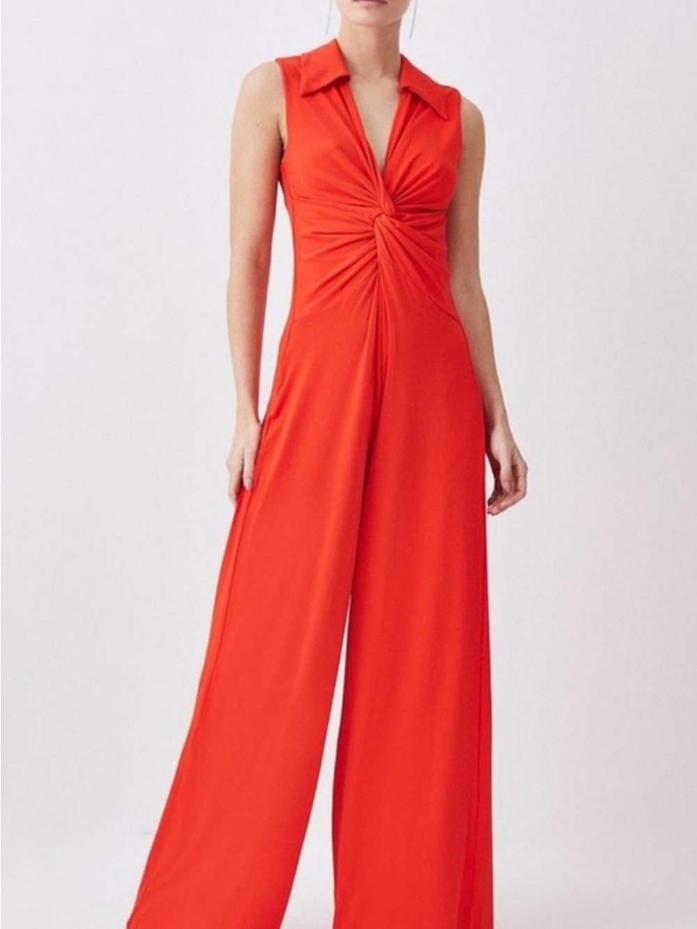 Karen Millen Sleeveless Twist-Front Wide-Leg Jumpsuit in Red